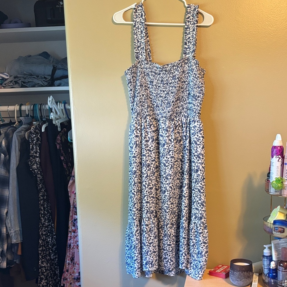 Blue and White Floral Midi Sundress with Smocked Bodice